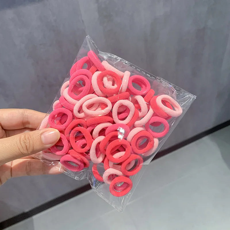 100Pcs Colorful Basic Nylon Ealstic Hair Ties For Girls Ponytail Hold Scrunchie Rubber Band Kid Fashion Hair Accessories Qme pink