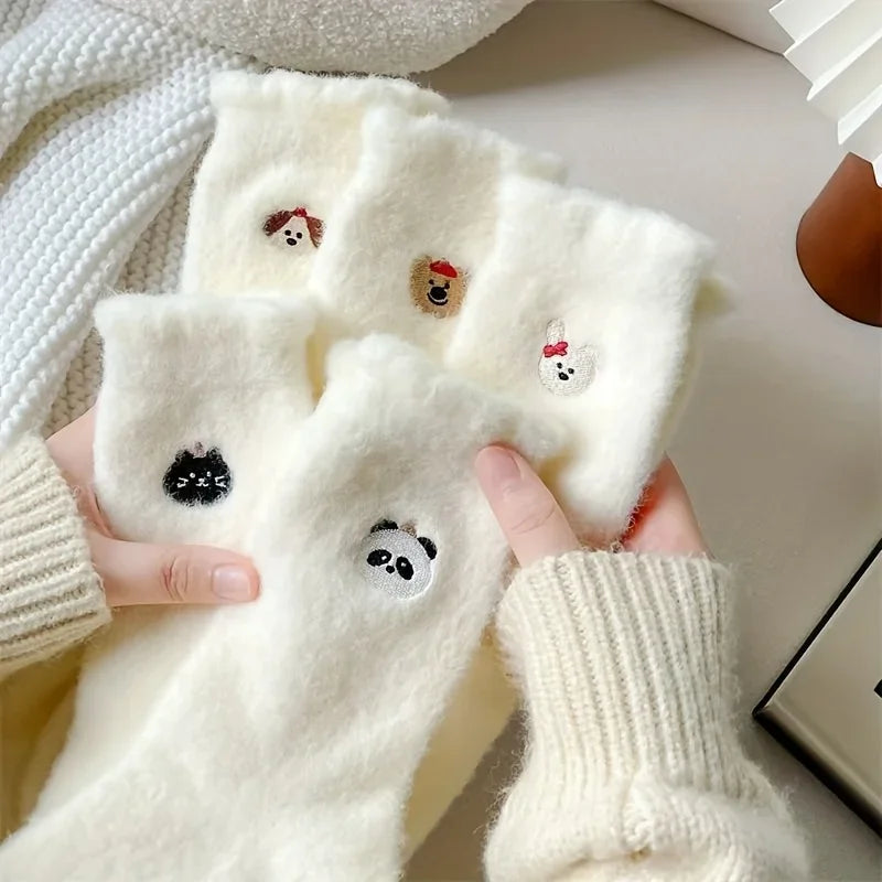 Women's Socks, Cute Animal Embroidered Plush Socks, Winter Warm Faux Mink Cashmere Cozy Sleep Floor Socks Qme