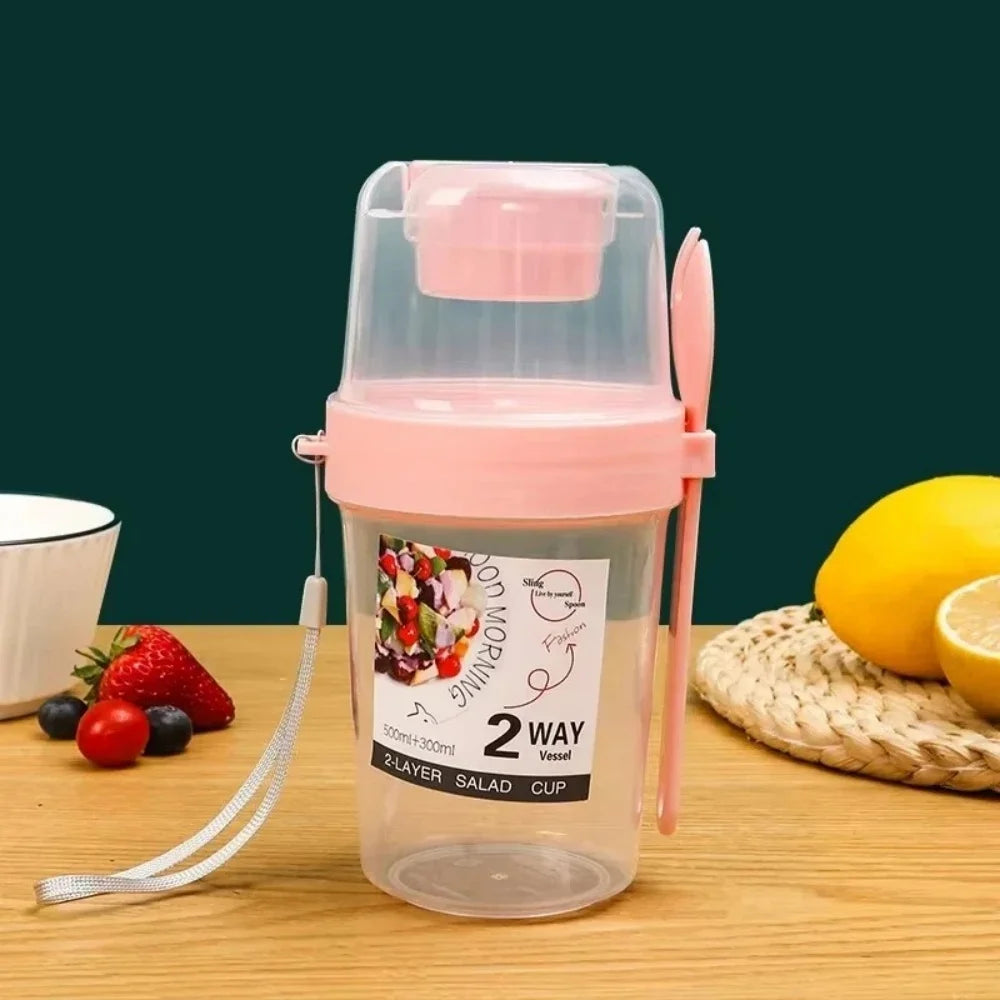 Portable Salad Double Layer Cup Fruits Oatmeal Yogurt Breakfast Lunch Box Food Storage Cup Outgoing Overnight Cup with Lid Spoon Qme
