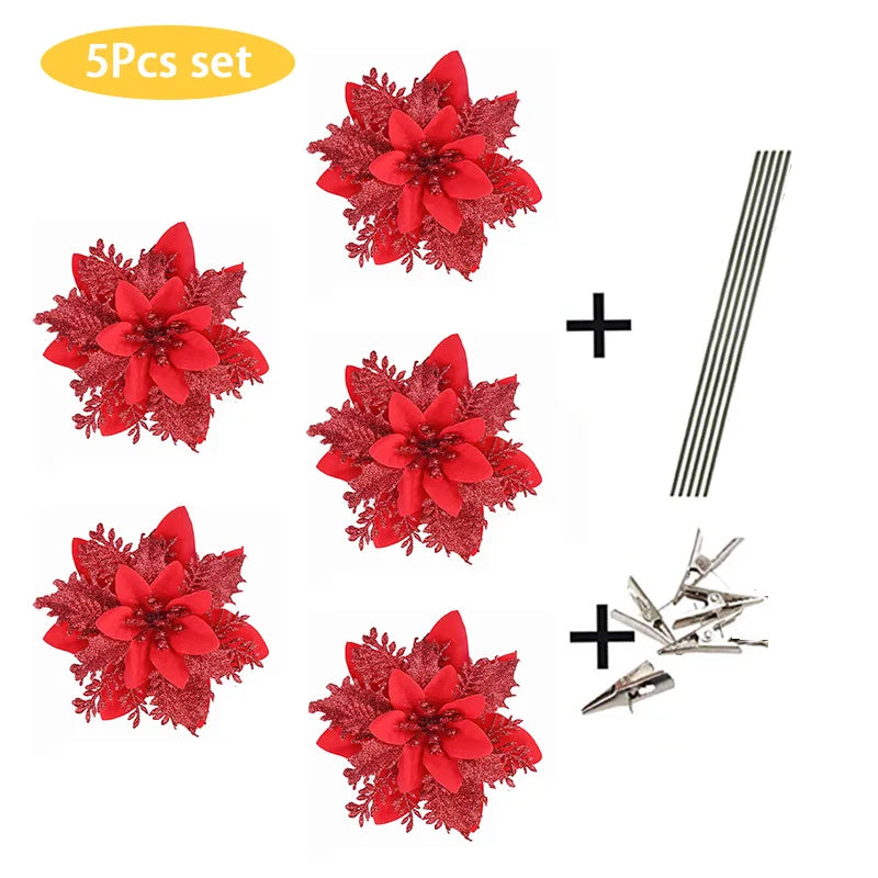 5PCS Glitter Poinsettia Artificial Xmas Flowers Ornaments for Christmas Tree Decorations Fake Flowers Head Christmas Decoration Qme Red Set 5pcs
