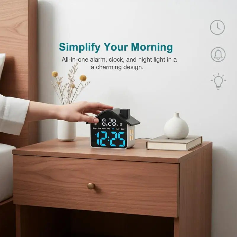 House Shaped LED Digital Alarm Clock Date Week Brightness Adjustment Qme
