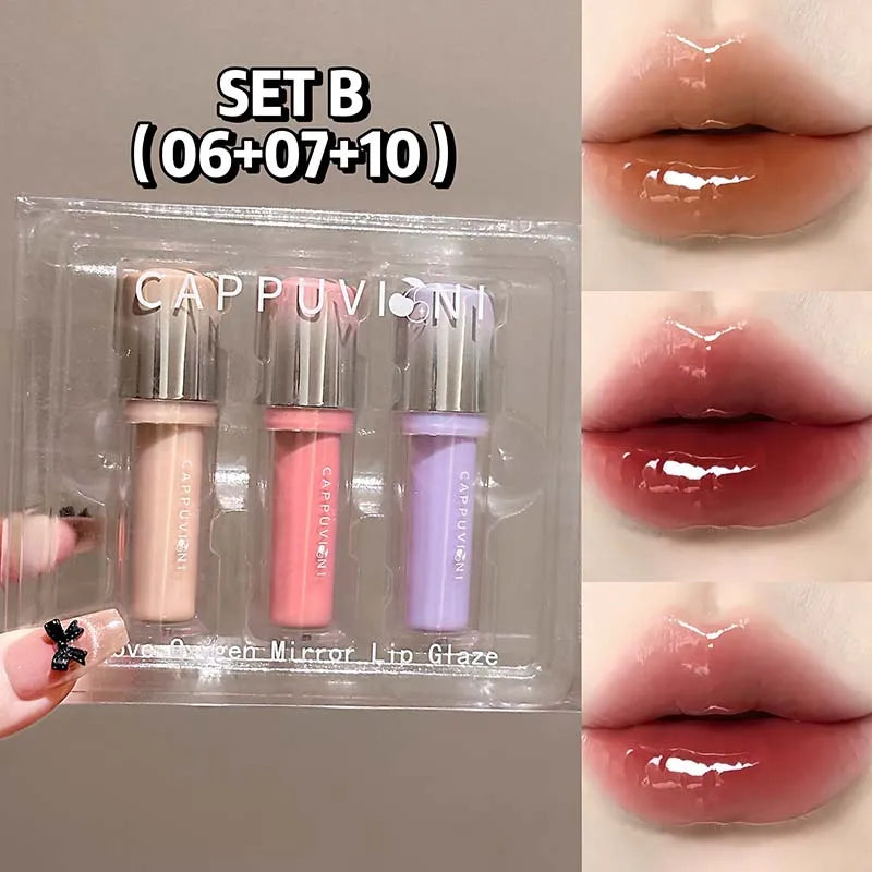 Strawberry Lip Gloss Glass Mirror Shine Lip Tint Hydrating Long Lasting Lip Makeup Non-Sticky Water Glossy Liquid Lipsticks Qme Set B 06-07-10