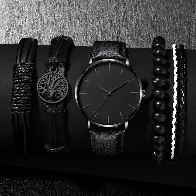 5 Pcs Set Men's Fashion Sports Watches Men's Business Quartz Wrist Watch Luxury Leather Bracelet Men's Casual Watch Qme