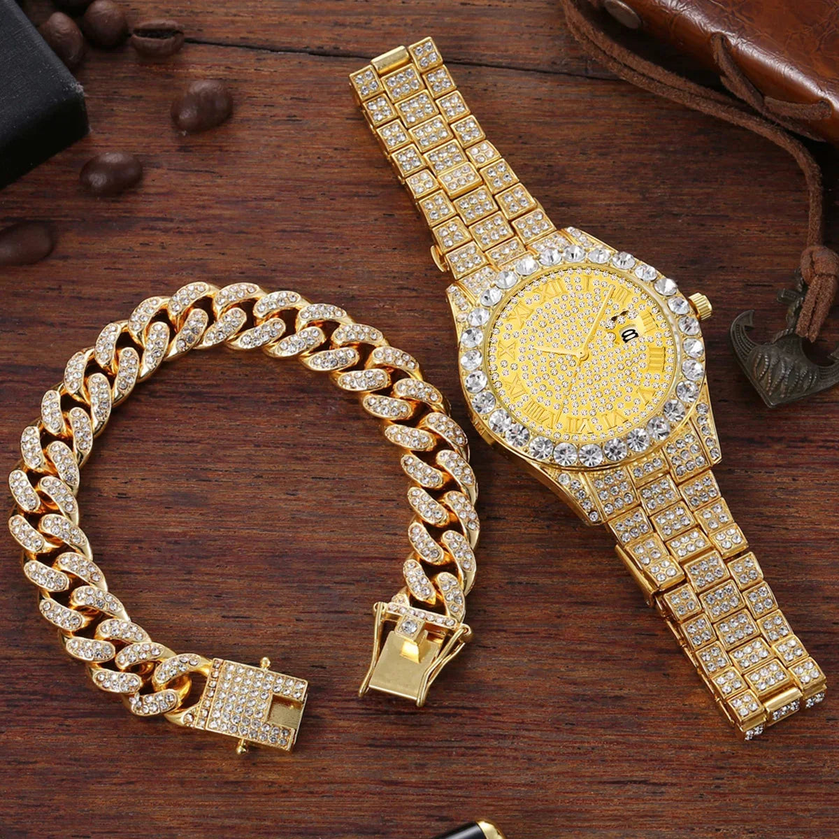 2pcs/set Rhinestone Large Dial Steel Strap Quartz Zinc Alloy Watch And Cuban Link Style Bracelet Set(1 Watch+1 Bracelet) Qme