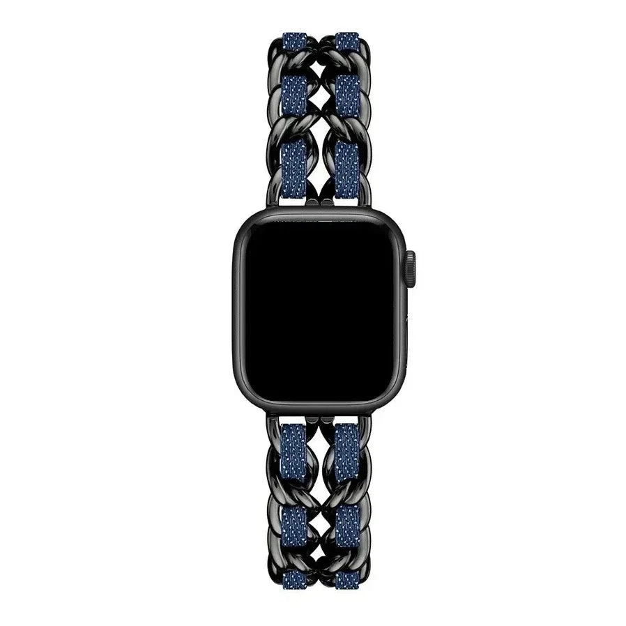 Luxury Metal Denim Strap For Apple Watch Band Ultra 2 1 49mm 41 45mm 38 42mm 44 40mm Bracelet For iWatch 9 8 7 SE 6 5 4 3 Women Qme Black-DU 42mm 44mm 45mm 49mm