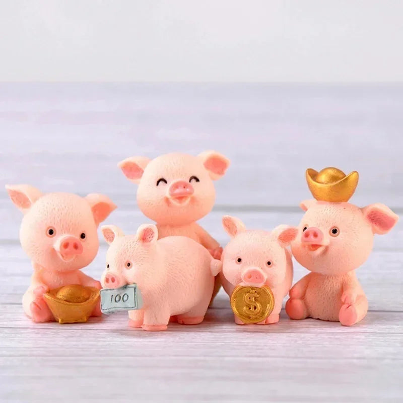 5 PCS Micro Pig Family Figurine Resin Ornaments Miniature Model Mini Animal Statue Bonsai Decoration Garden Home Decor Qme
