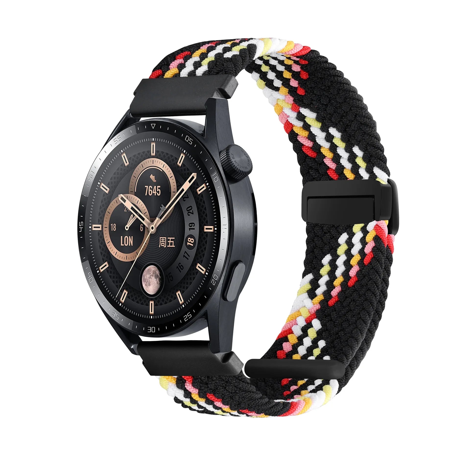 A Adjustable Nylon Braided Watch Strap with Folding Buckle Magnetic Wristband for Samsung Watch 5 6 7 Huawei GT5 GT6 Qme Black Rainbow 20mm