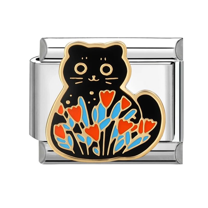 Fashion Colorful Cat Tulip Daisy Flowers Heart Charm Italian Links 9mm Bracelets Bangle Stainless Steel DIY Making Jewelry Gifts Qme Style 39