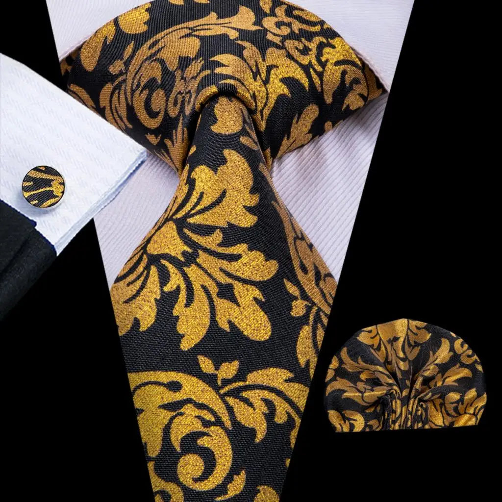 Solid Gold Yellow Ties Men Handky Cufflinks Fashion Men's Tie Wedding Qme 3058