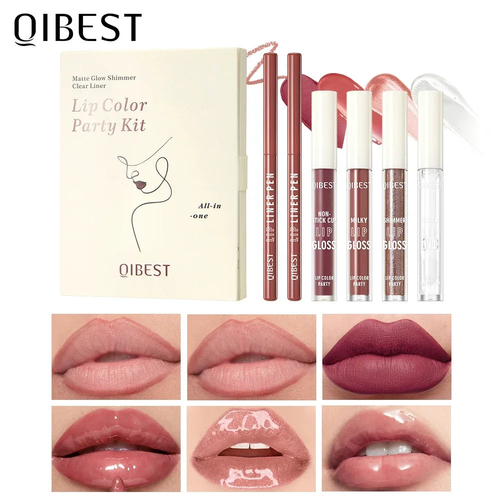 QIBEST Multi-Use Lip Makeup Sets Include 2 Lipliner,1 Liquid Lipstick,2 Mirror Lip Glaze And 1 Lip Oil Cosmetics Lipgloss Tint Qme 03