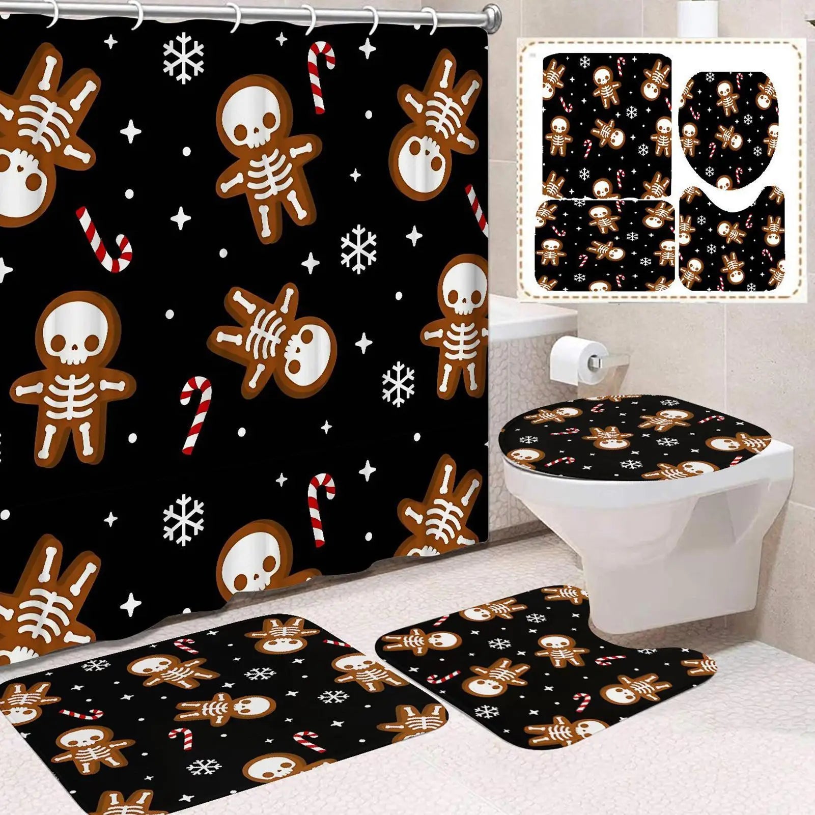 Halloween Bathroom Shower Curtains Non Slip Skull Rugs Toilet Lid Qme