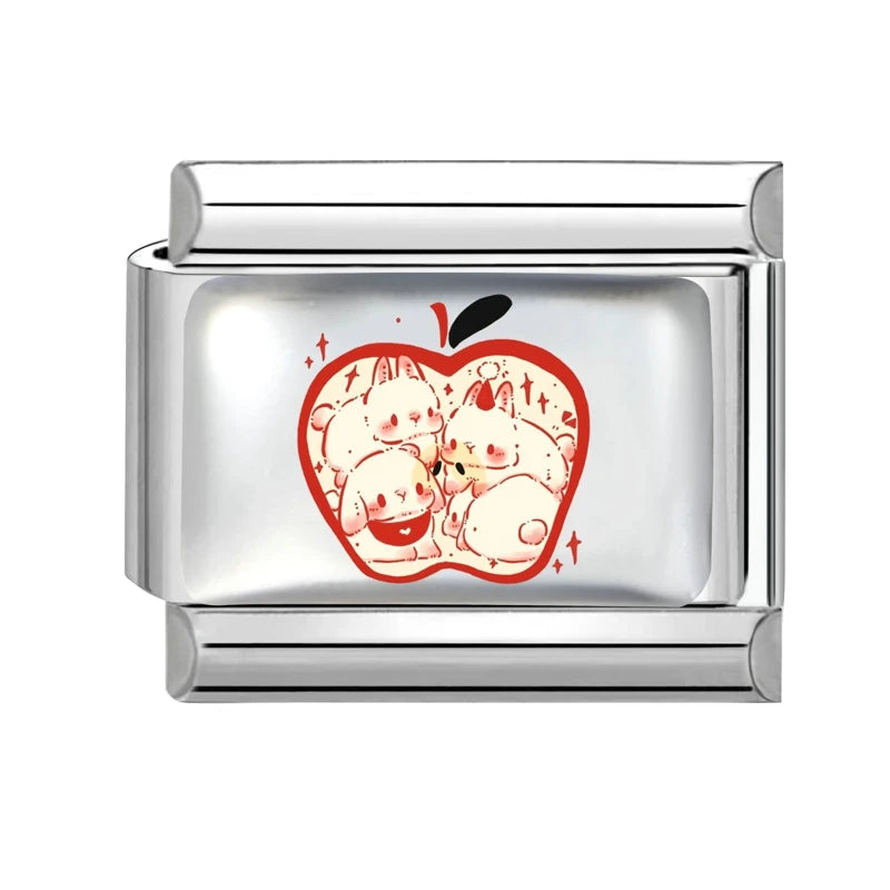 New Design Sweet Pink Candy Cute Cats Apple Rabbits Italian Charm Links Fit 9MM Stainless Steel Bracelet Jewelry DIY Making Gift Qme S 1