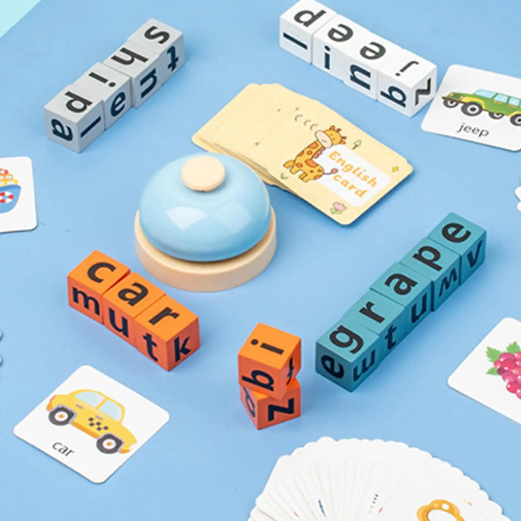 Wood Spelling Blocks Matching Letter Game with Flash Card Learning Toy with Bell Sight Words Recognition Game for Kids Ages3 4 5 Qme