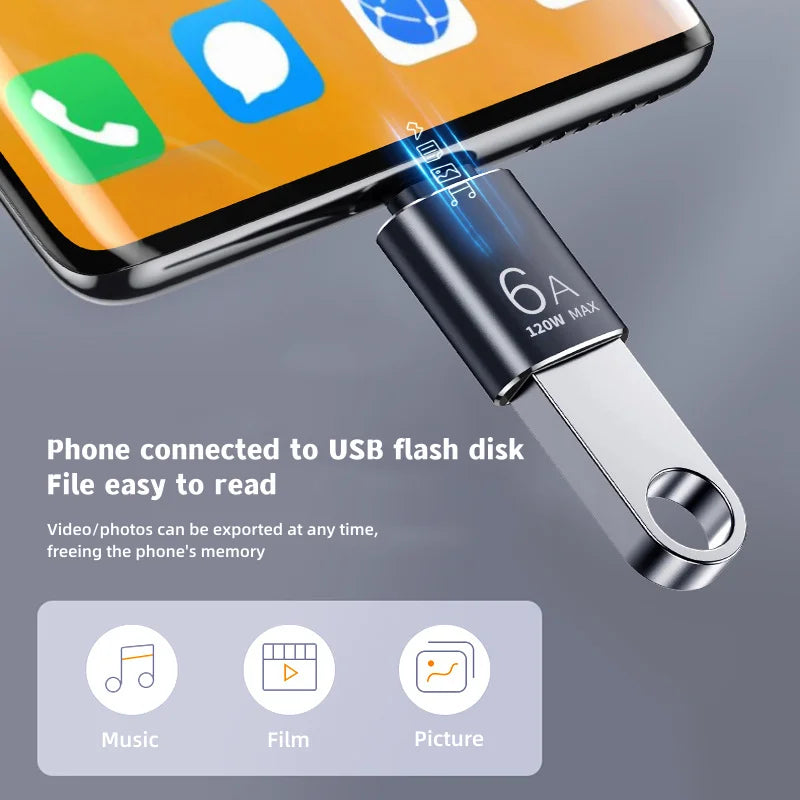 OTG Type C To USB Adapter Data Transmission 120W 6A Type C Male To USB Female for Macbook Laptop/ Xiaomi /Samsung USBC Adaptador Qme