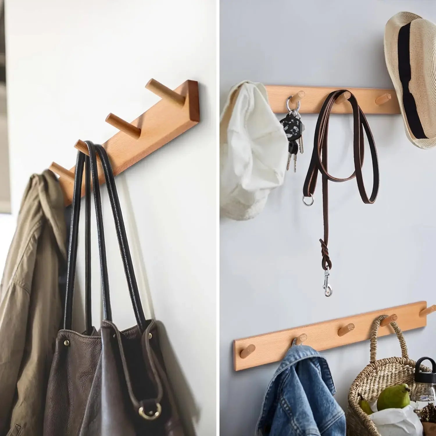 Natural Wood Wall Mounted Coat Rack, Multi-hook Hanger for Clothes & Bags Qme