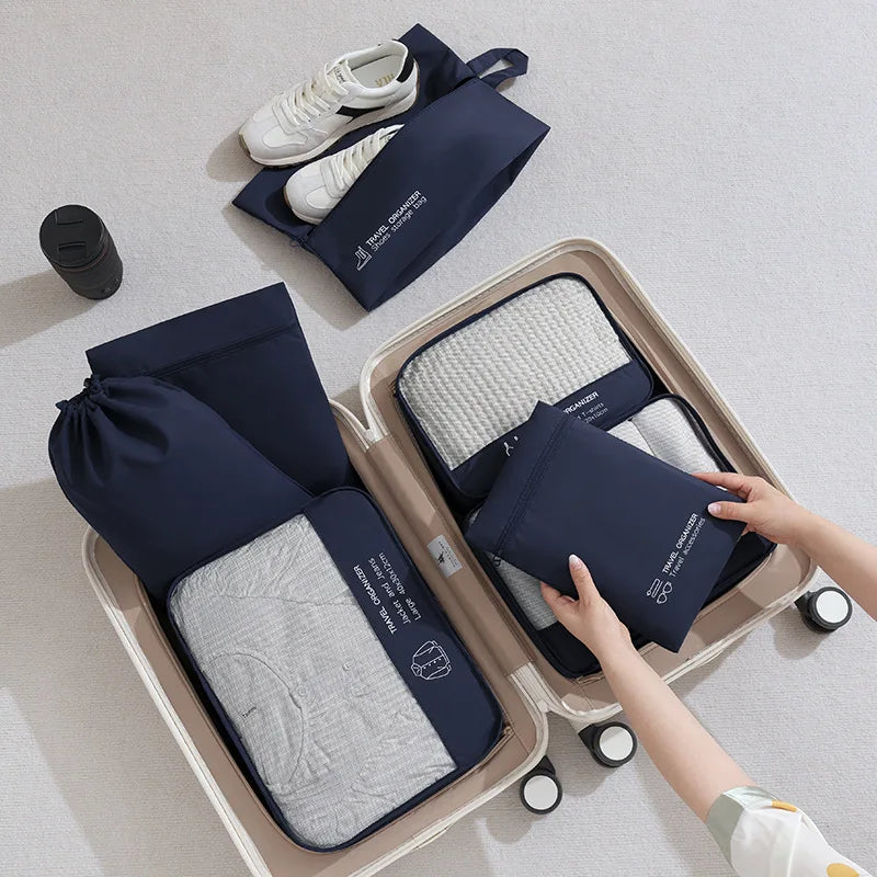 A QX2E 6 Pieces Travel Luggage Organizers Set Packing Cubes with Shoe Bag Cosmetics Accessories Waterproof Toiletry for Qme 7pcs set cyan