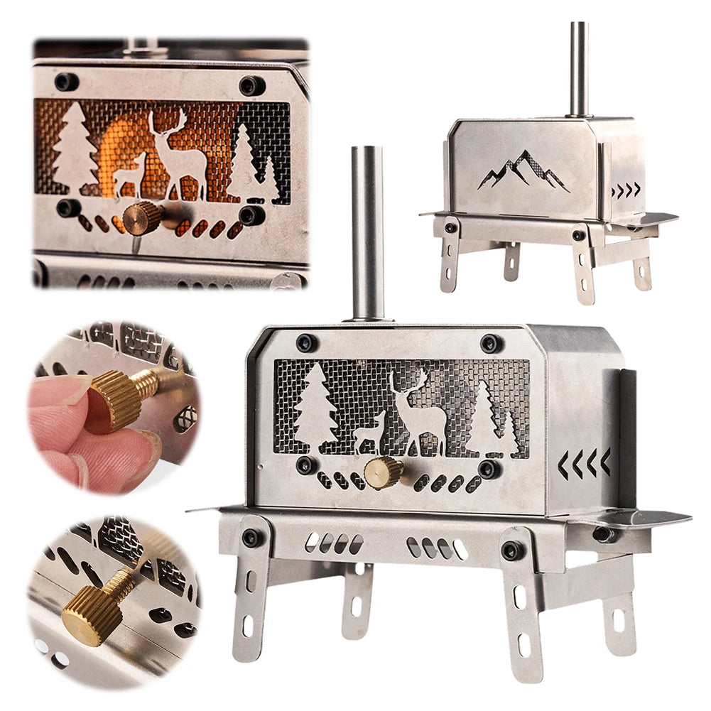 Mini Tent Stove with Chimney Outdoor Firewood Stove Stainless Steel Wood Burning Stove for Outdoor Cooking BBQ Qme