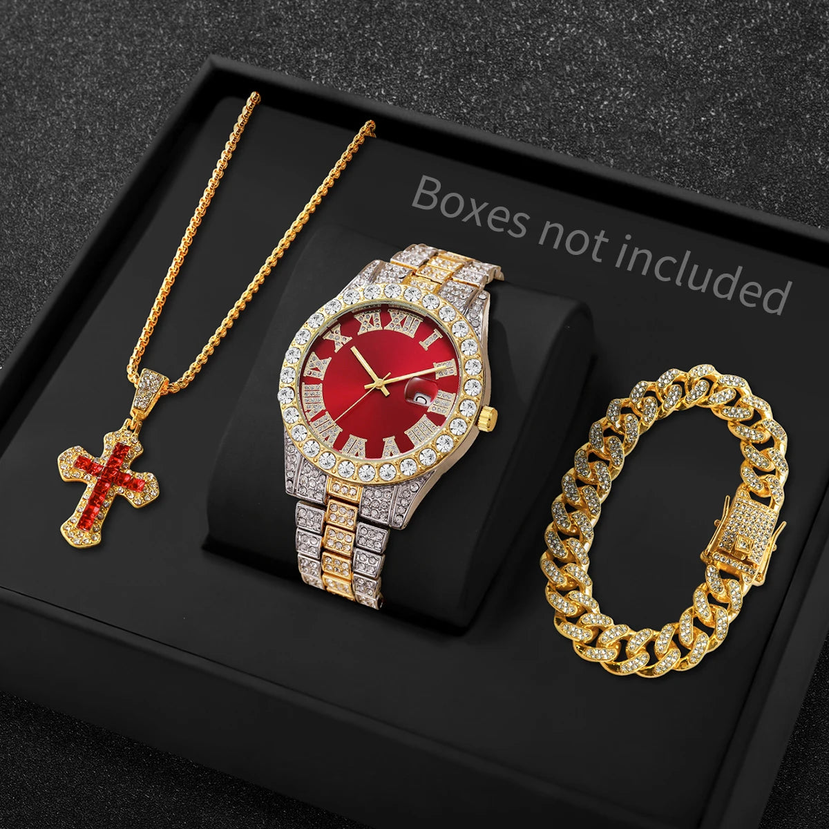 3Pcs/Set Men's Silver Iced Out Jewelry Set, Blue Dial Quartz Watch + Cuban Bracelet + Blue Cross Pendant Necklace, Qme Mix Red No Box
