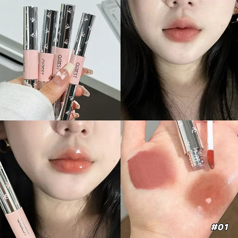 QIBEST Double Head Matte Liquid Lipstick And Watery Lip Glaze Tint Lasting Orange Lipgloss 2 In 1 Stick Lip Mud Korean Cosmetics Qme 01