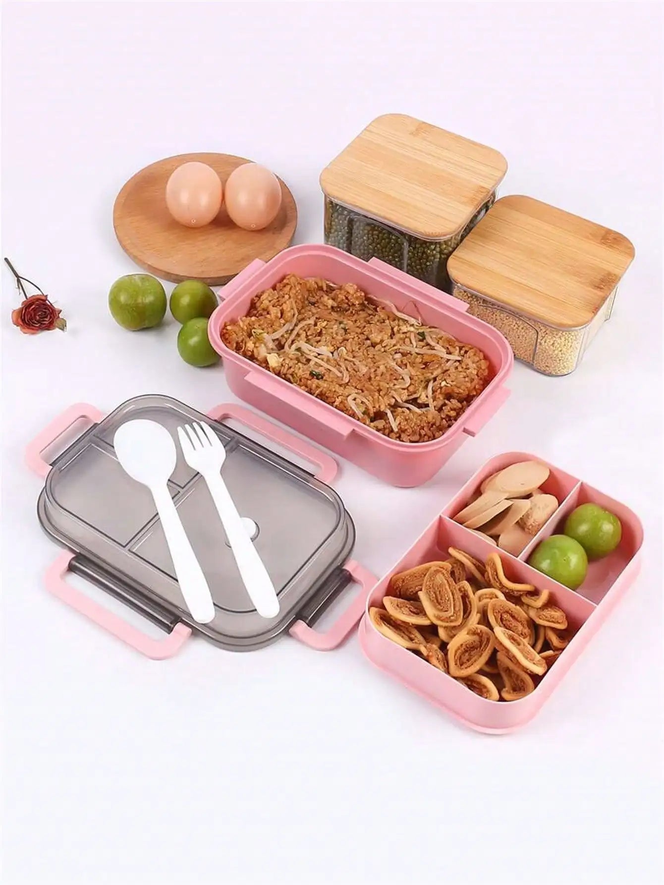1 Microwave Capable Double-layer Compartment Lunch Box Handle Leak Qme