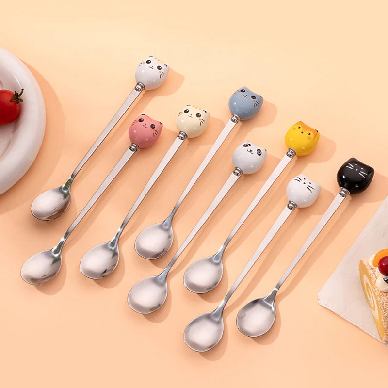 Coffee Dessert Spoons Flatware Kitchen Tools Stainless Steel Long Cat Qme