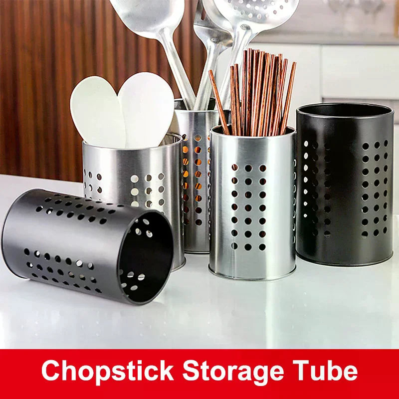 Stainless Steel Chopsticks Tube Tableware Bucket High-Capacity Kitchen Utensils Storage Round Hole Hollowed Out Drain Tube Qme