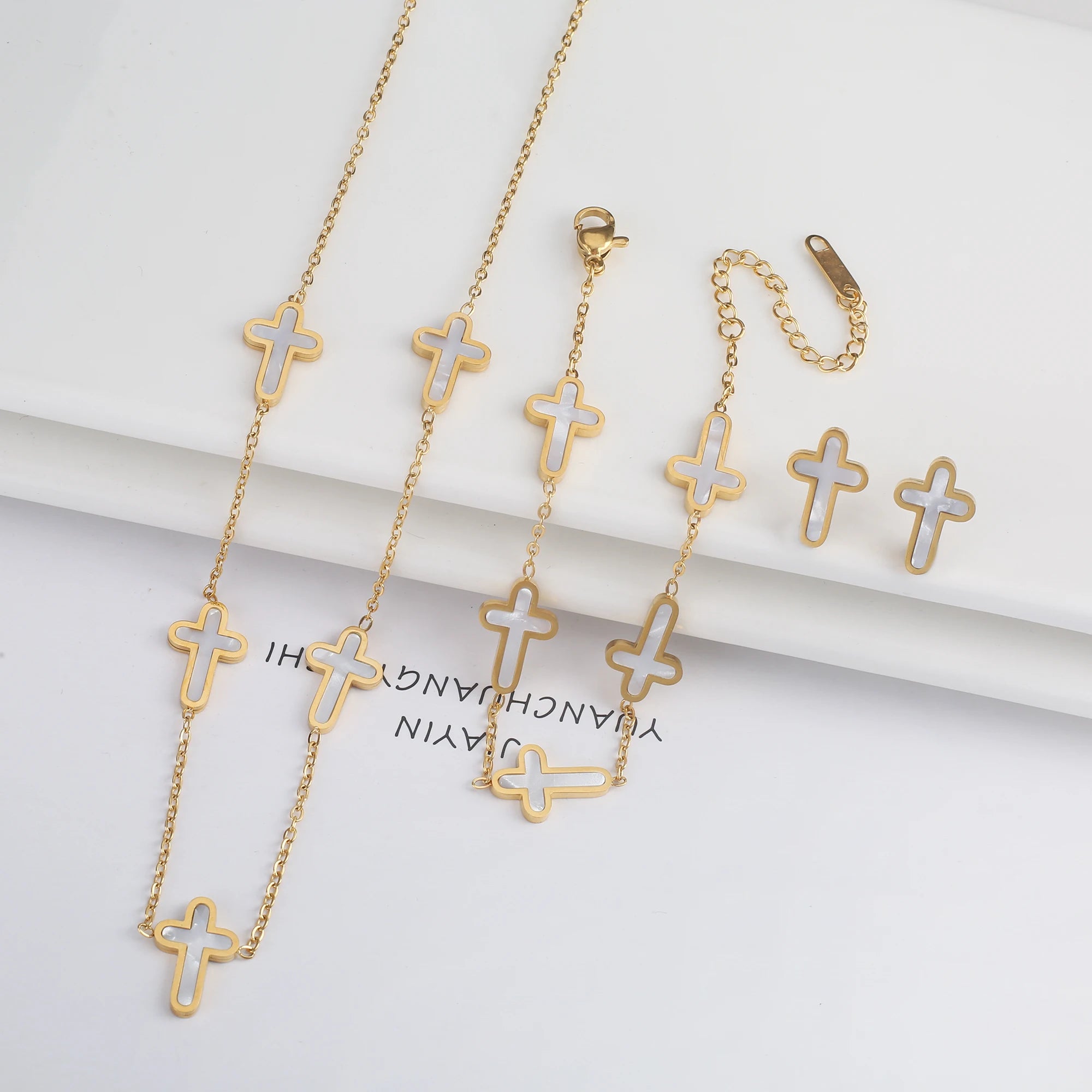 INS Hot Sale Charms Stainless Steel Shell Cross Necklace Jewelry Set Bracelet Earrings Luxury for Party Daily Wear Jewelry Gift Qme Set 3