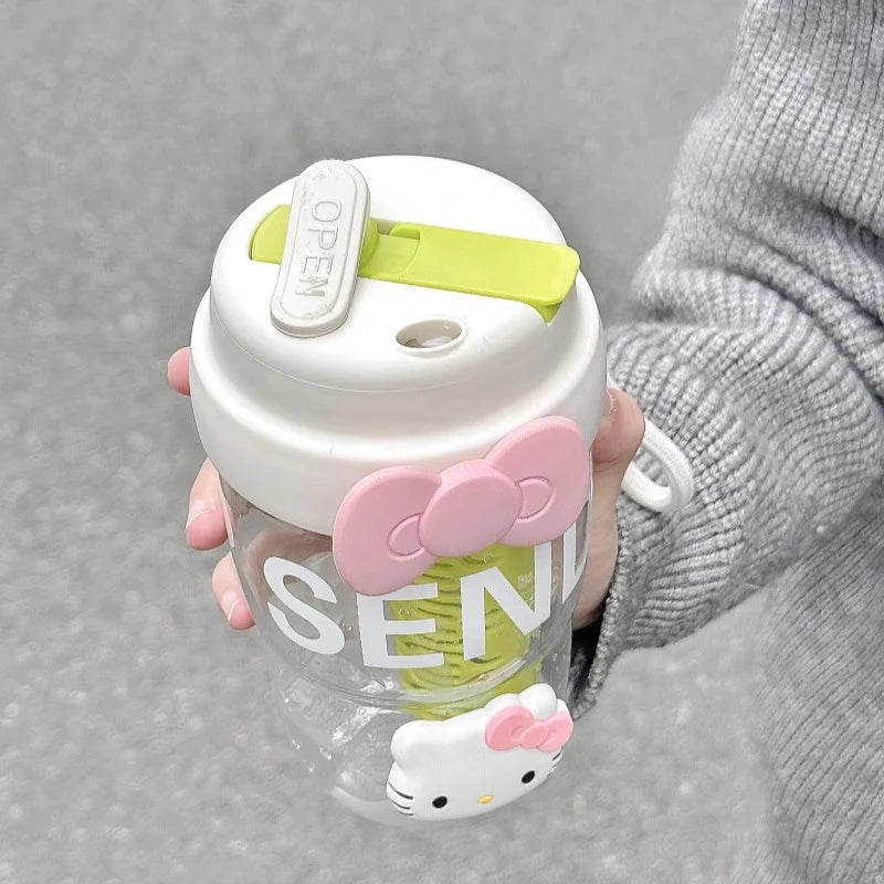 Hello Kitty Stylish Water Bottle with Straw Durable Outdoor Plastic Cup Portable Dual-Chamber Travel Mug for Students Qme