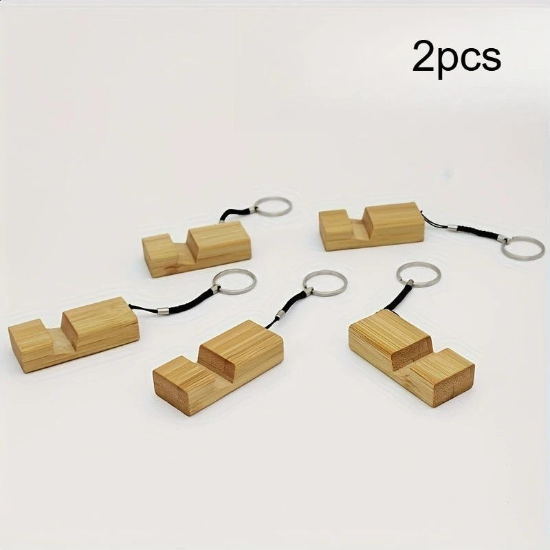 Bamboo Wood Phone Stand With Keychain Mini Portable Cell Phone Holder Universal Desk Smartphone Bracket Key Ring Accessory Qme 2pcs
