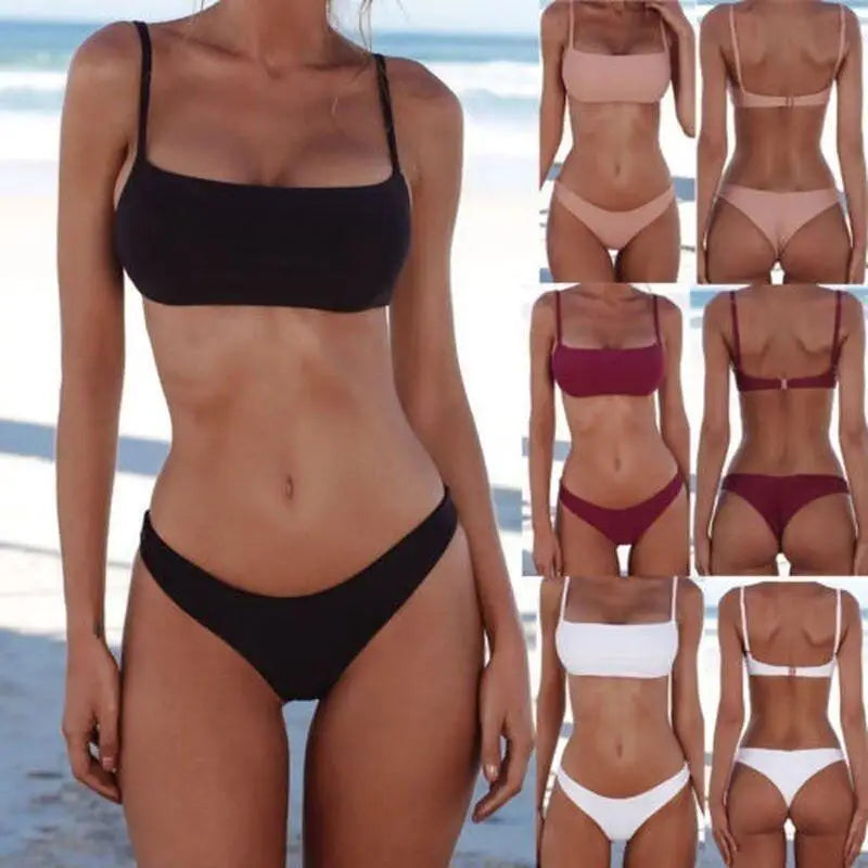 Women's Bikini Solid Two Swimsuit Sexy Spaghetti Strap Beach Swimwear Qme
