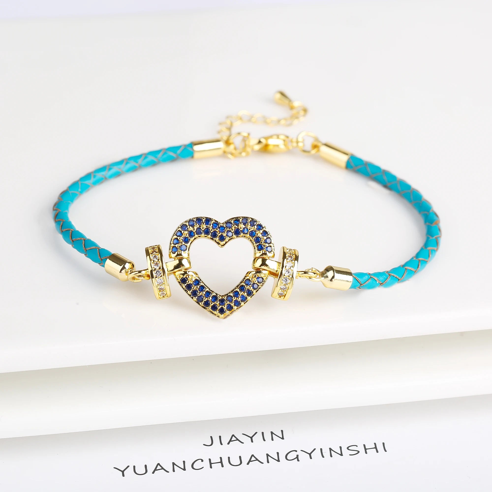 Genuine Leather Rope Braided Heart Shape Zirconia Ladies Bracelet Temperament for Women Girls Party Wedding Jewelry Holiday Gift Qme Dark Blue