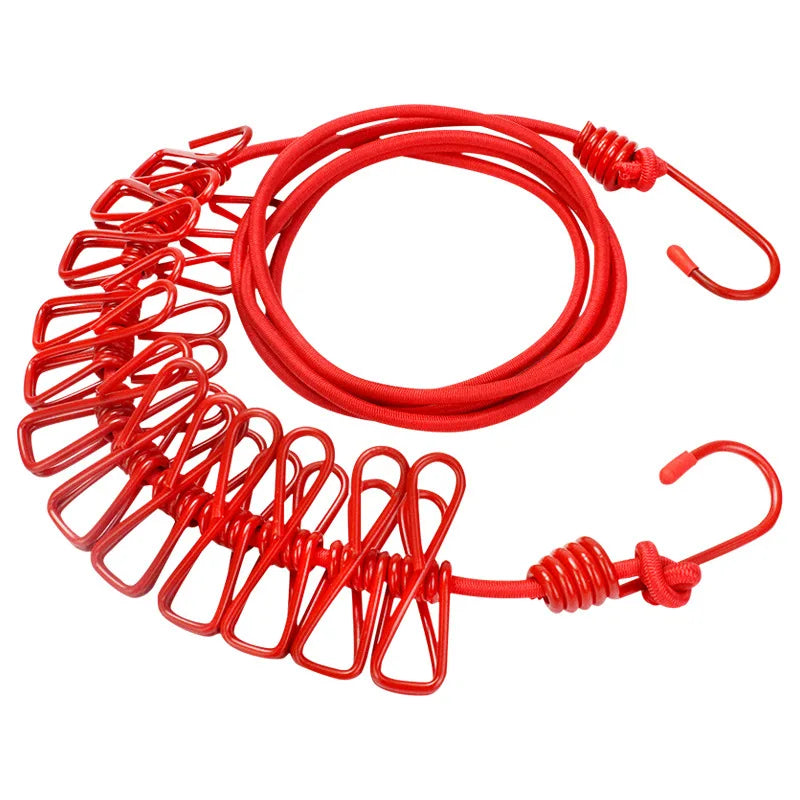 Portable Clothing Clothesline with 12 Clips Retractable Travel Elastic Camping Non-slip Clothesline for Outdoor and Indoor Use Qme Red