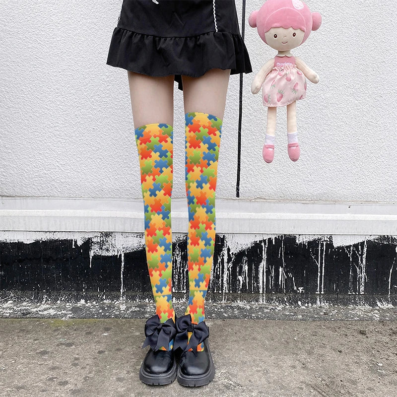 Novelty Puzzle Pattern Stockings Harajuku Sexy Plaid Knee Socks Qme