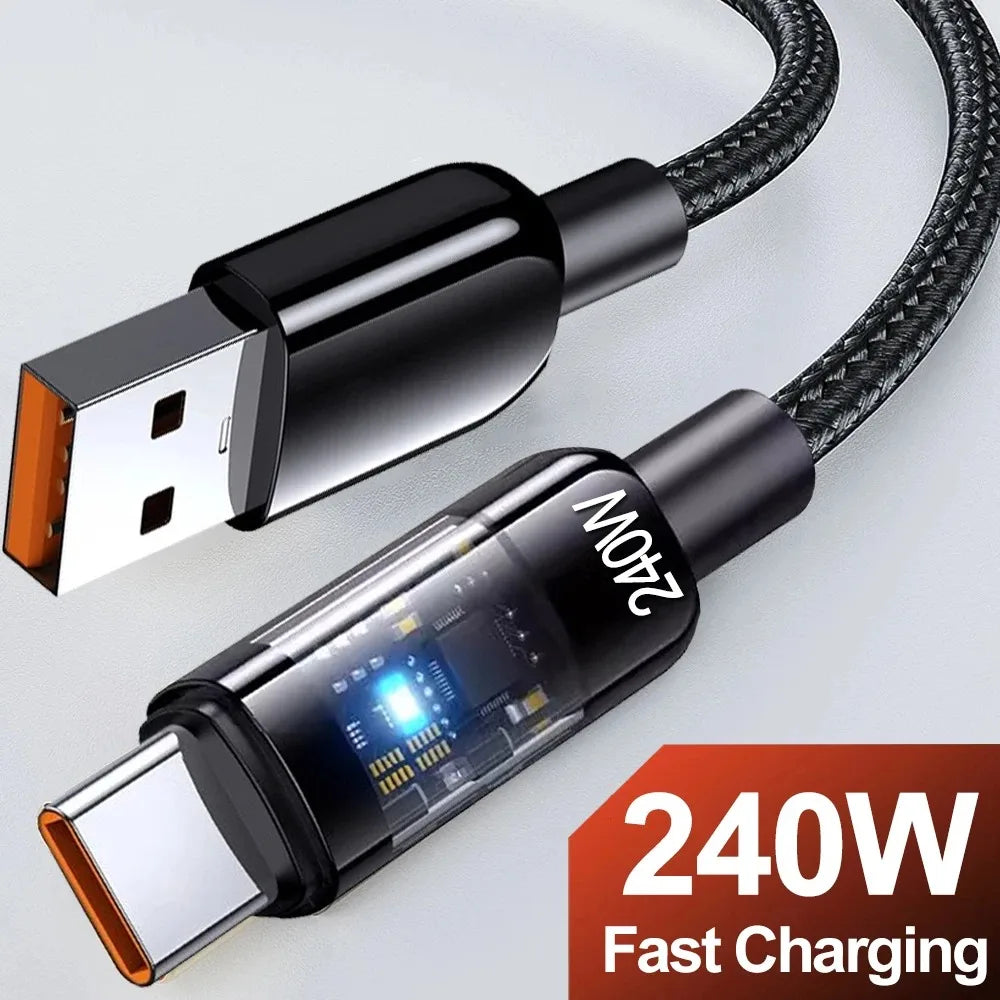 240W 10A Quick Charging USB C Cable Nylon Braided Transparent USB To Type C Quick Charge Data Cord for Samsung Huawei Data Line Qme