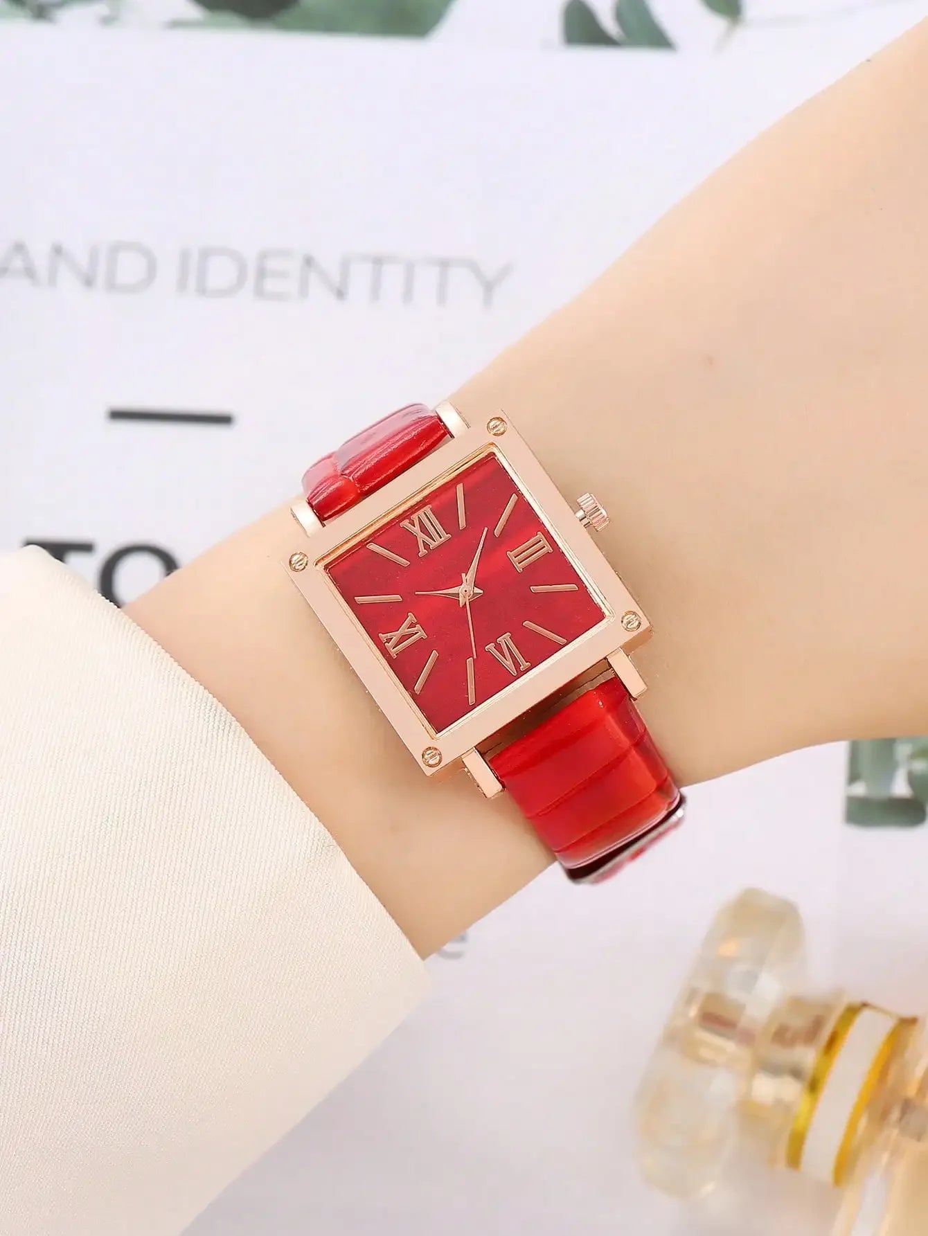 4Pcs Women Red Cherry Jewelry Watch Set, Square Roman Dial Red Leather Quartz Watch + Red Crystal Necklace Earrings Bracelet Kit Qme