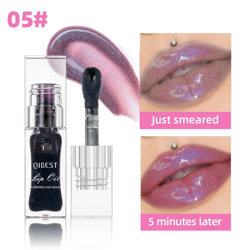 QIBEST 1pc Temperature Color Change Lip Oil Lipgloss Moisturizing Lasting Pink Clear Lip Glaze Pearlescent Lipgloss Makeup New Qme 05