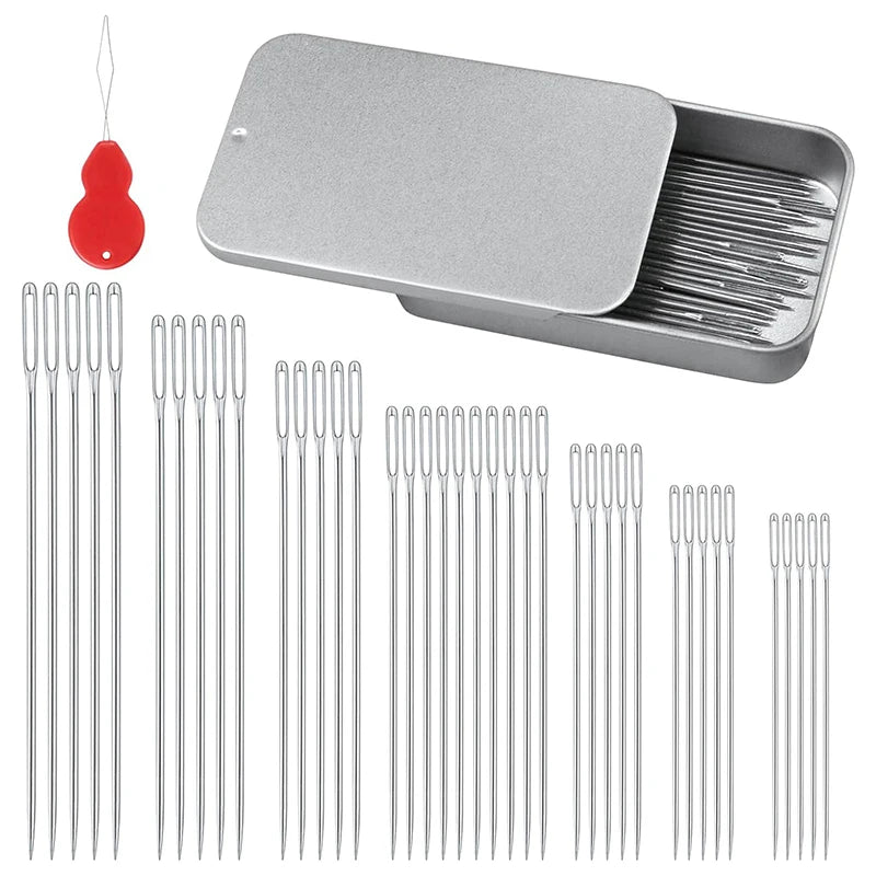 40 PCS Large Eye Beading Needles 7 Sizes Sewing Sharp Leather Needle Embroidery Thread with Threaders for Handsewing Art Crafts Qme
