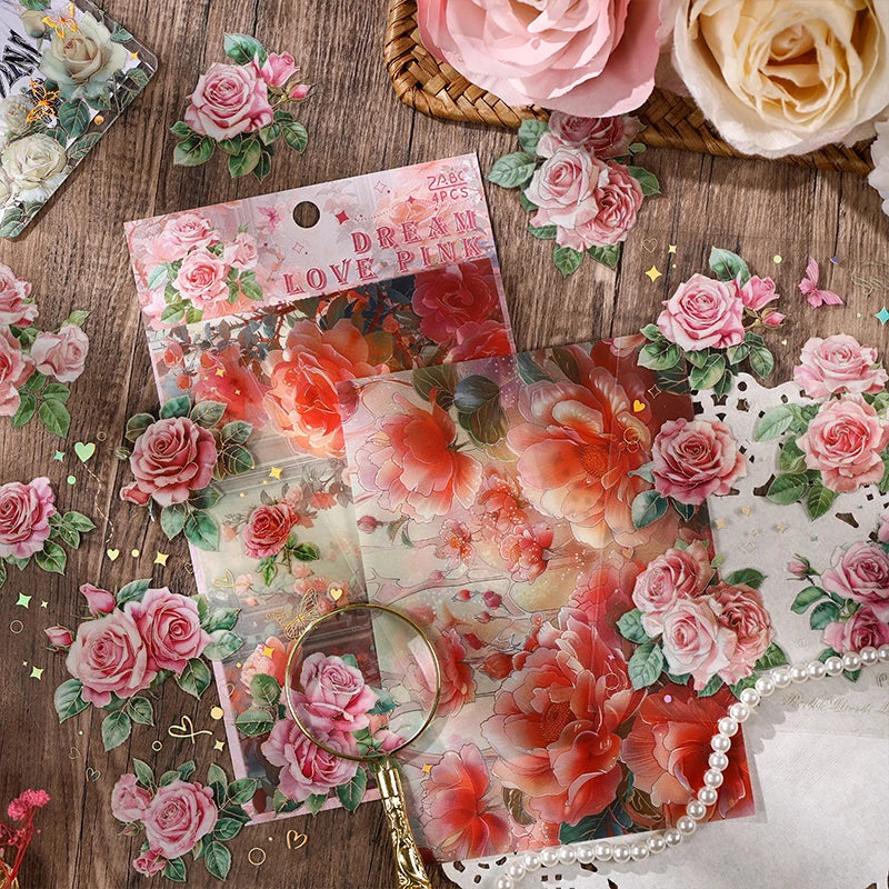 4pcs/pack Large size Aesthetic Flowers PET Stickers Shell Light DIY Scrapbooking Decor Stationery Collage Junk Journal Supplies Qme