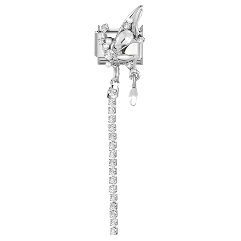Women Men New Colorful Butterfly Zircon Long Pearl Tassel Chain Italian Charms Fit 9mm Stainless Steel Bracelet DIY Jewelry Gift Qme Style 1
