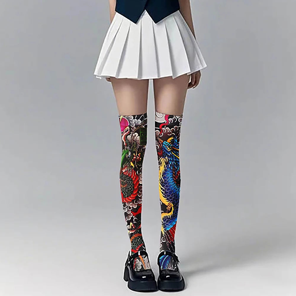 Women's Sexy Thigh-high Stockings Trend Tattoo Full Print Pattern 3D Qme