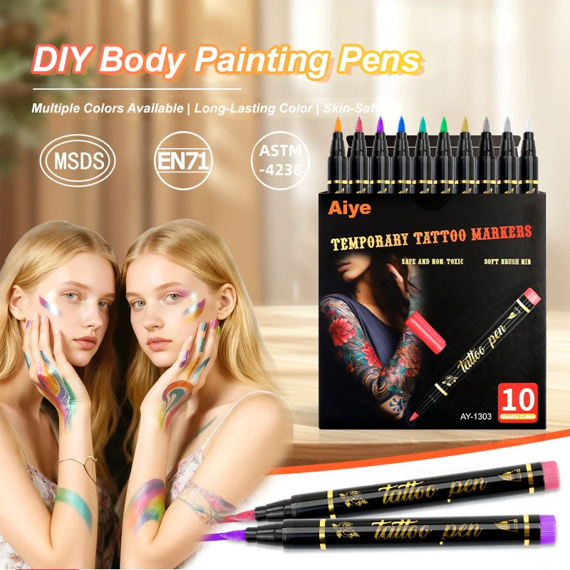 10 Colors Temporary Tattoo Markers Safe Non-toxic Body Paint Art Pen Qme