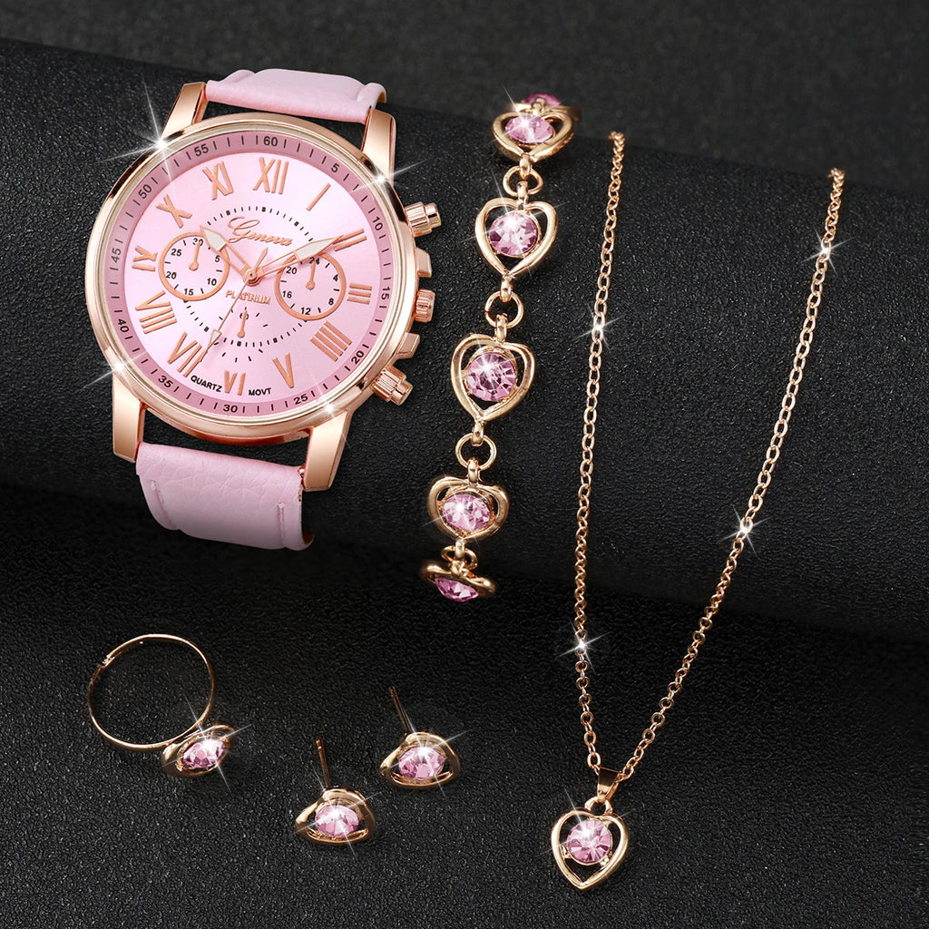 6PCS/Set Fashion Women's Quartz Watch Leather Band Analog Wrist Watches Heart Rhinestone Jewelry Set(Without Box) Qme Bronze