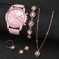 6PCS/Set Fashion Women's Quartz Watch Leather Band Analog Wrist Watches Heart Rhinestone Jewelry Set(Without Box) Qme Bronze