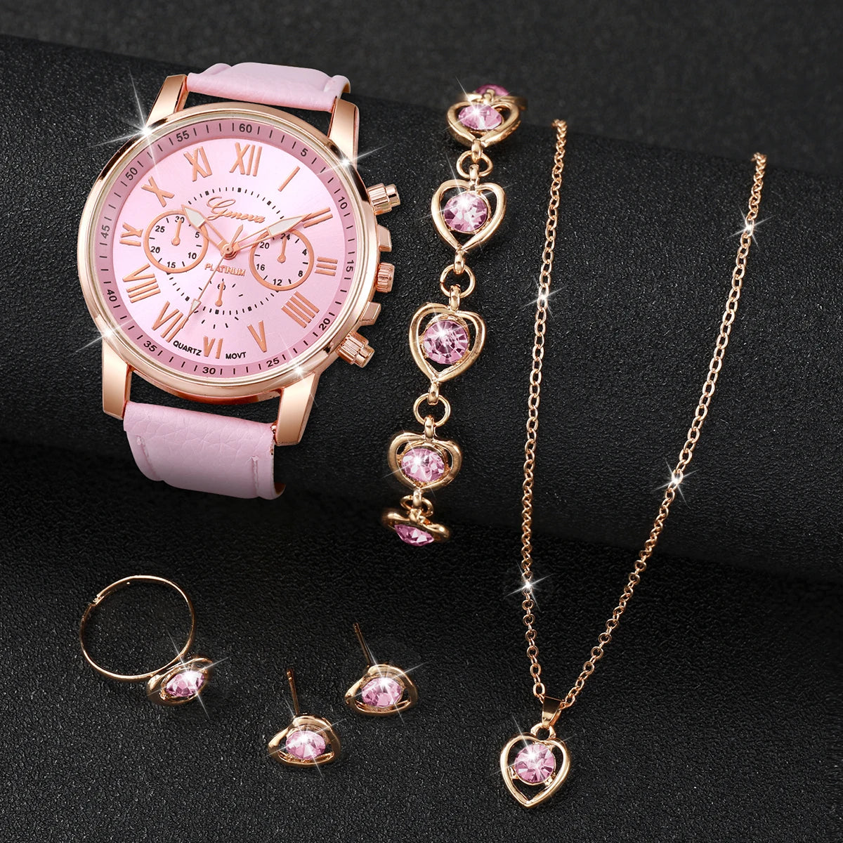 6PCS/Set Fashion Women's Quartz Watch Leather Band Analog Wrist Watches Heart Rhinestone Jewelry Set(Without Box) Qme Bronze
