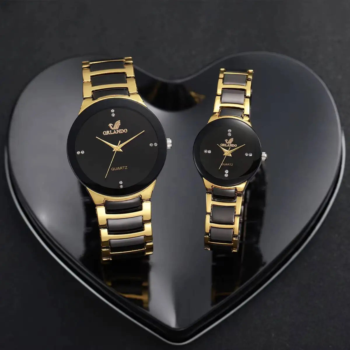 4PCS Tri color quartz watch fashion casual set rhinestone steel strip watch couple watch set Qme