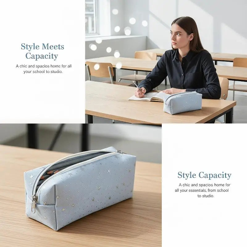 Multi-functional Canvas Pencil Case Star Print Multicolor Zippered Qme