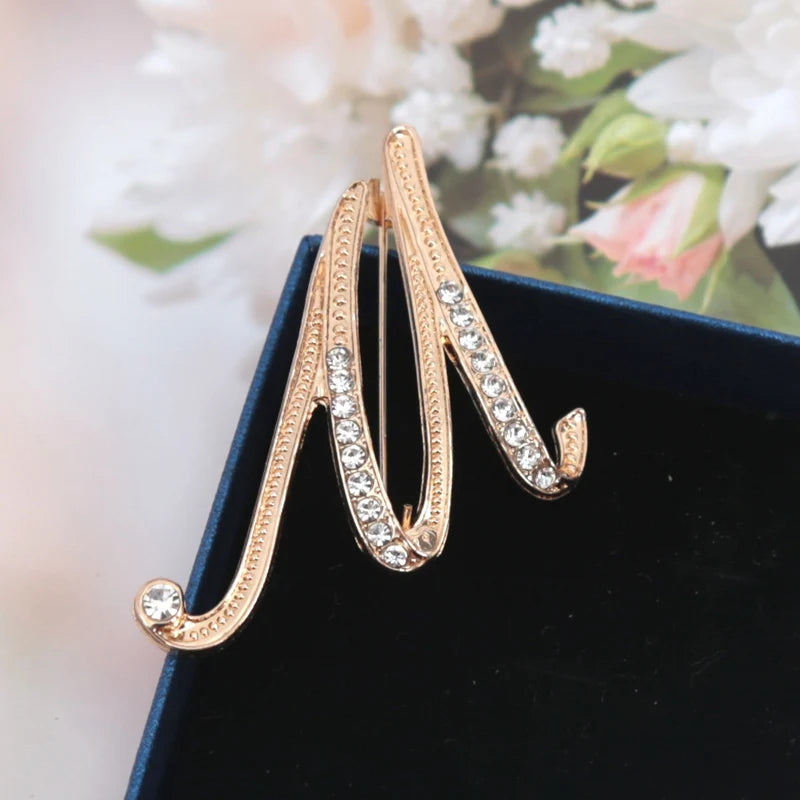 Fashion Women Rhinestone Brooch A-z English Letter Gold Metal Pins