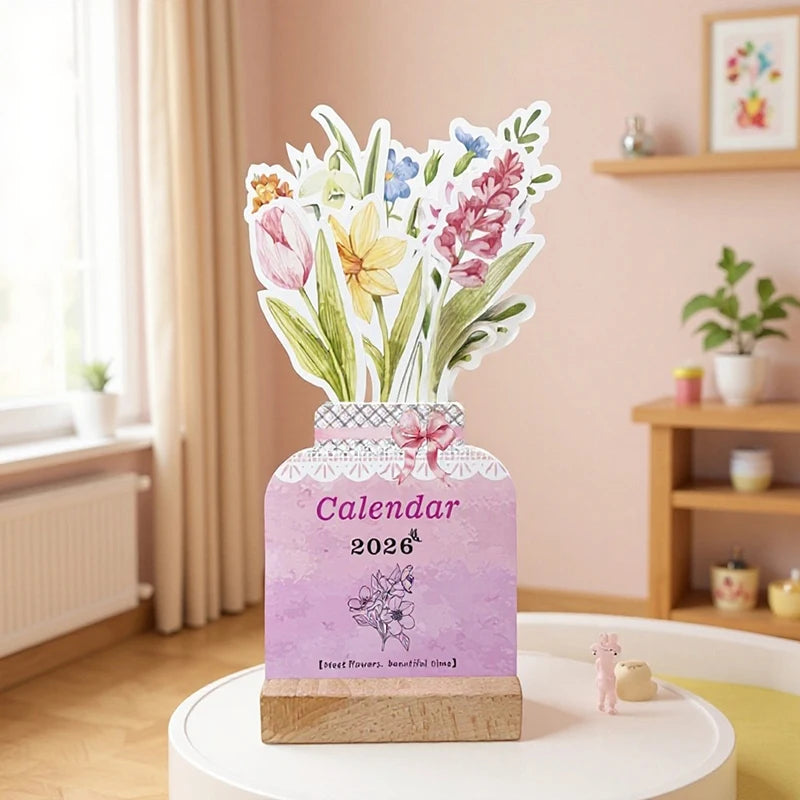 2026 Bloomy Flowers Mini Calendar Vase-like Desktop Monthly Planner Qme
