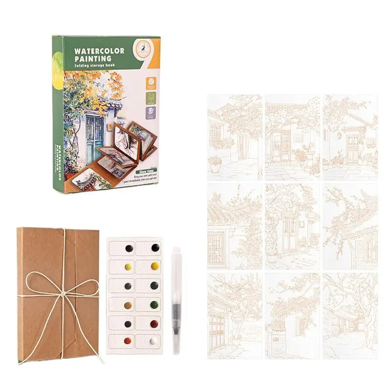 9 Sheets Watercolor Painting Thick Folding Storage Book Pen Holiday Qme Green