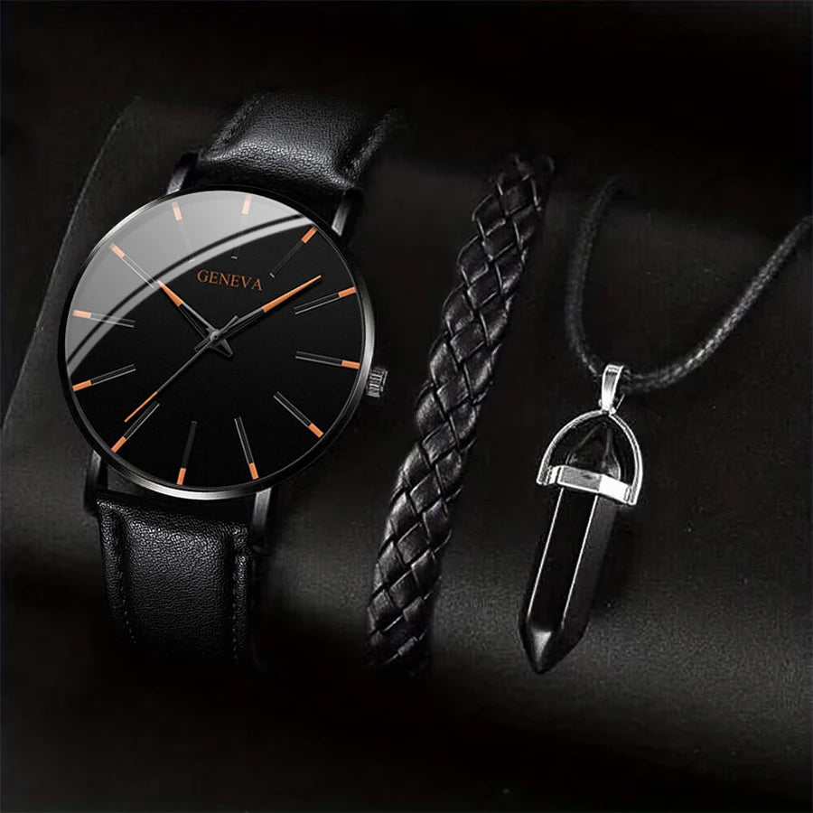 GENEVA Three-Hand Chronograph Men's Watch Business Black Leather Quartz Watch + Woven Bracelet Bullet Necklace Two-Piece Set Qme D Set No Box